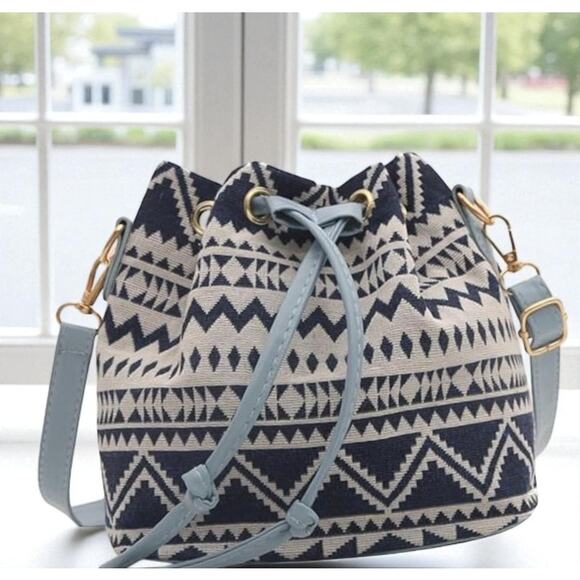 Aztec Boho Canvas Bucket Bag Drawstring Crossbody - Picture 3 of 6